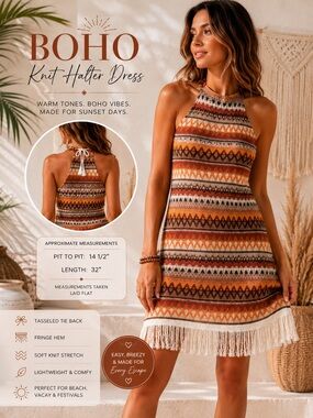 Boho Fringe Knit Halter Dress Cover Up Tassel Tie Beach Dress